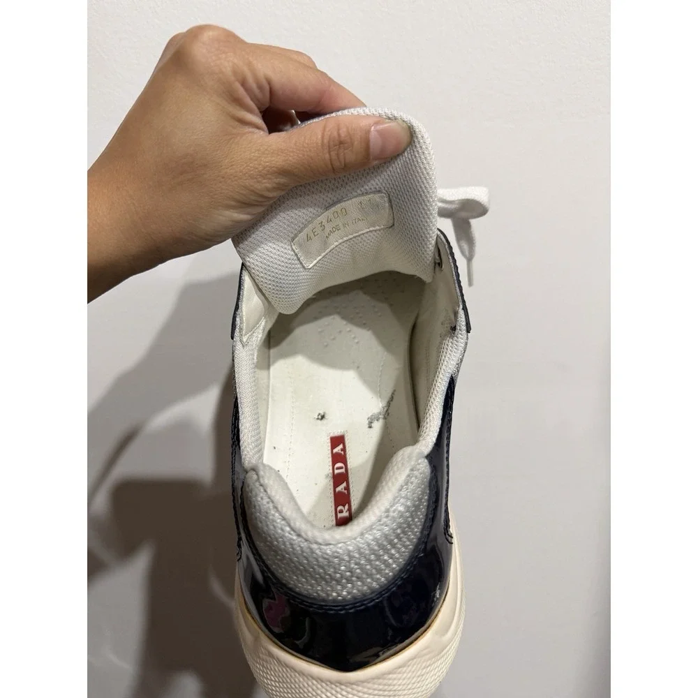 Prada Vernice Bike Patent Mesh Sneakers Navy/Silver Mens Size 11